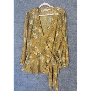 Ann Taylor Loft Women's Gold Fall Floral Tie Back Long Sleeve Blouse Size 18
